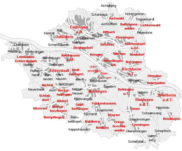 Landkreiskarte mit Links auf die jeweiligen Stdte und Gemeinden