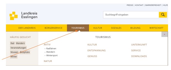 Screenshot der Startseite zu Tourismus
