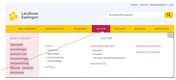 Screenshot der Startseite zu Kultur
